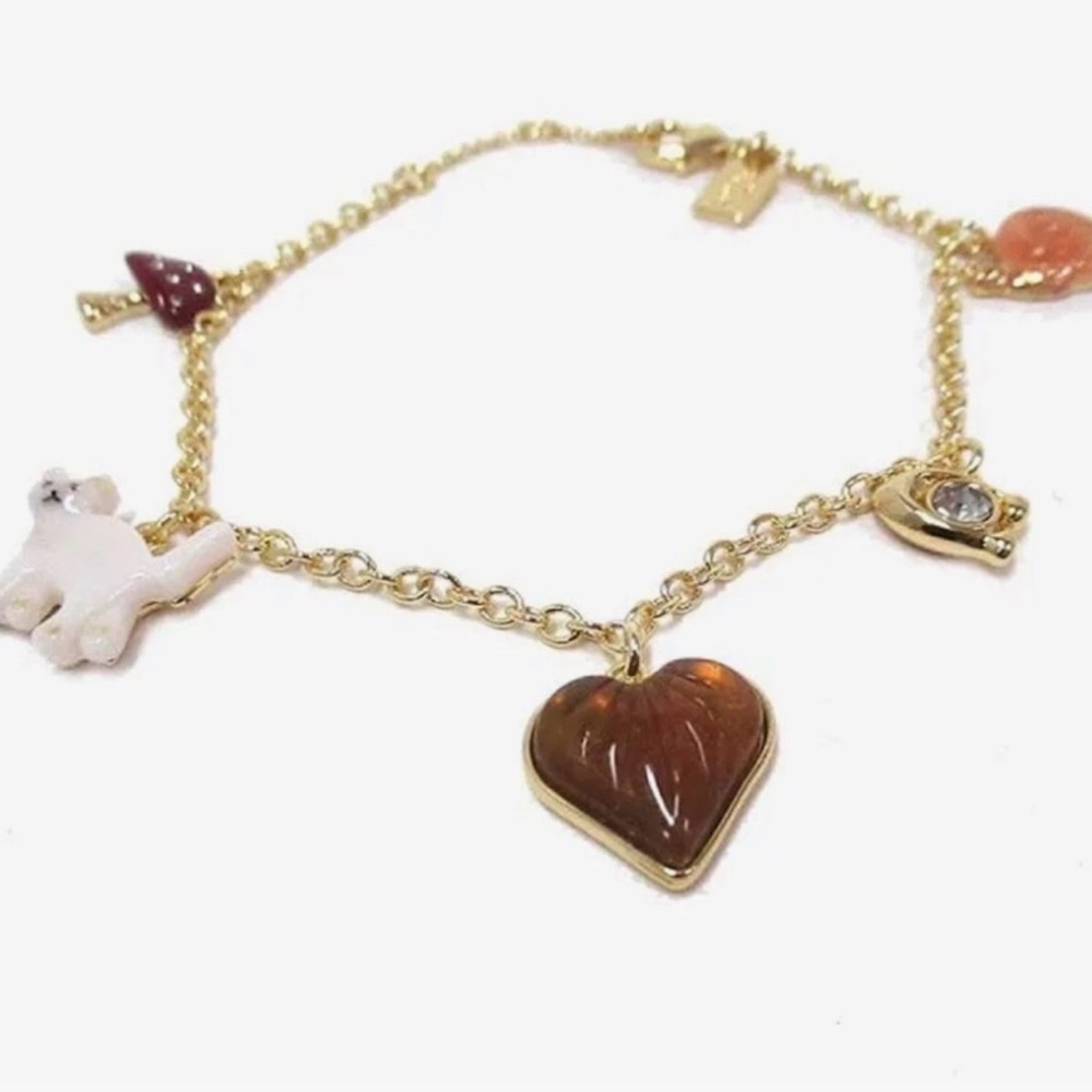 Coach Gold creature multi Charm Bracelet with Amber Heart & White Cat Charm - Picture 9 of 10